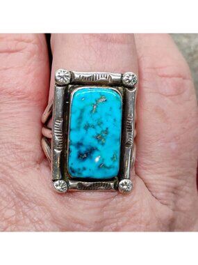 Vtg Native Signed BC Sterling Silver Turquoise Ring Sz 10.5 Mens Unisex